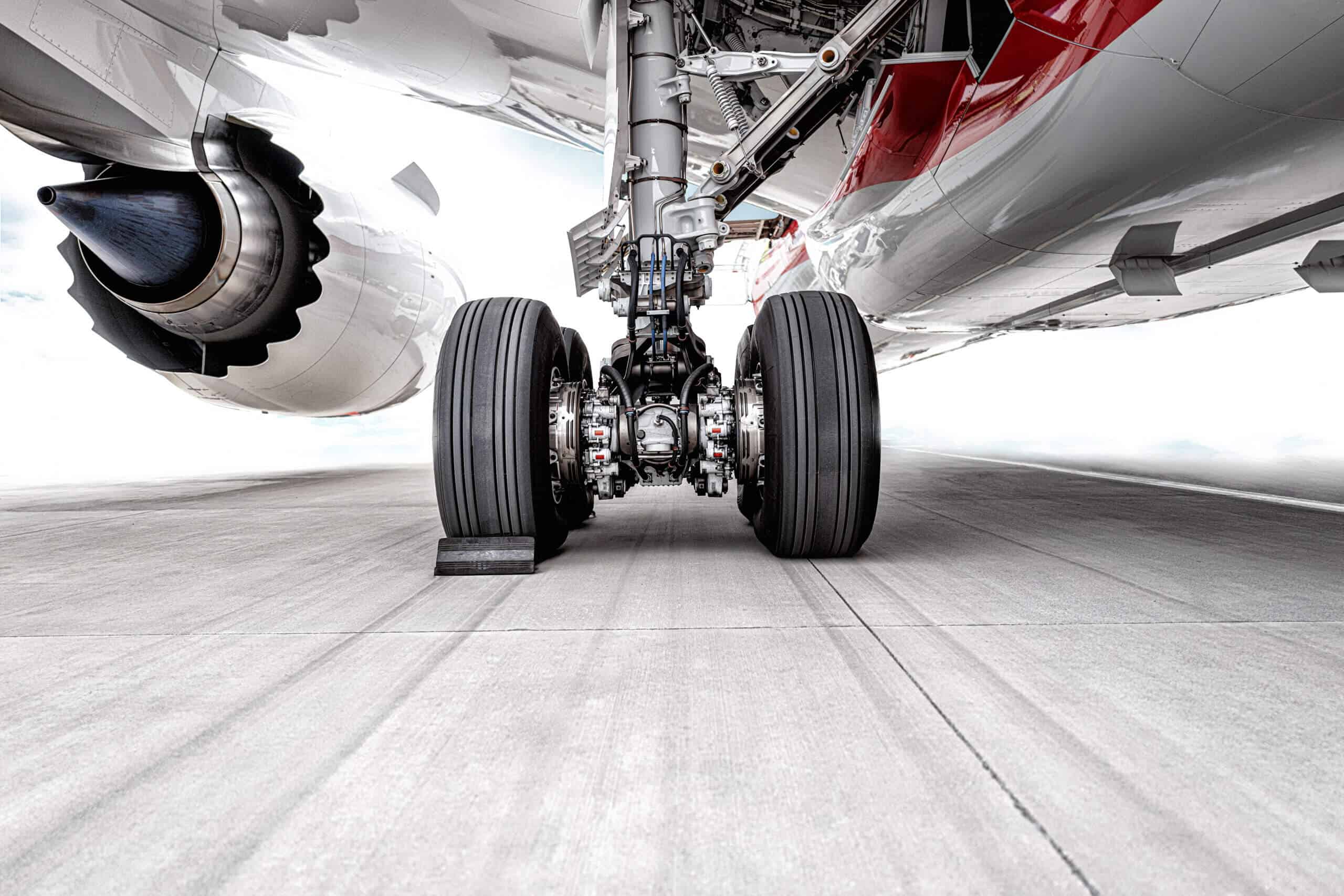 The huge wheels of the plane were parked on the runway of the airport (1)