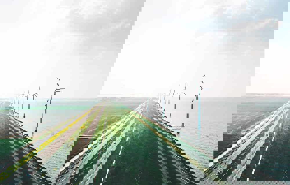 An aerial view of wind turbines, Holland - stock photo