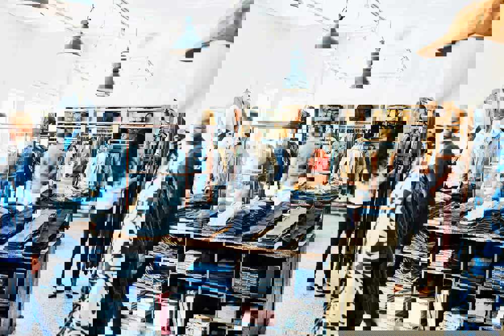 Shoppers looking at items in mens clothing boutique (1)