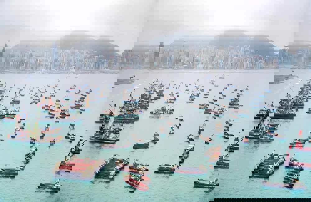 A view of Hong Kong Harbor through a cloudy haze