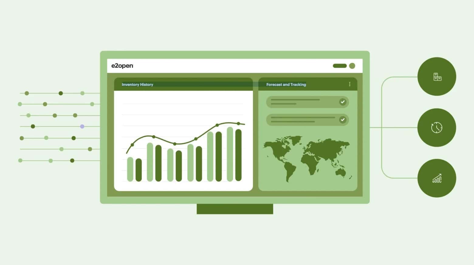 Illustration of an e2open dashboard showing inventory history, forecast tracking, and a world map, representing demand sensing and supply chain visibility.