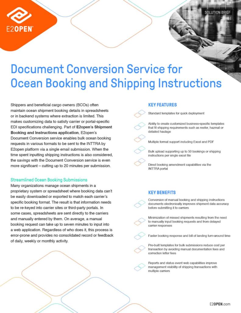 Document Conversion Service For Ocean Booking And Shipping E2open
