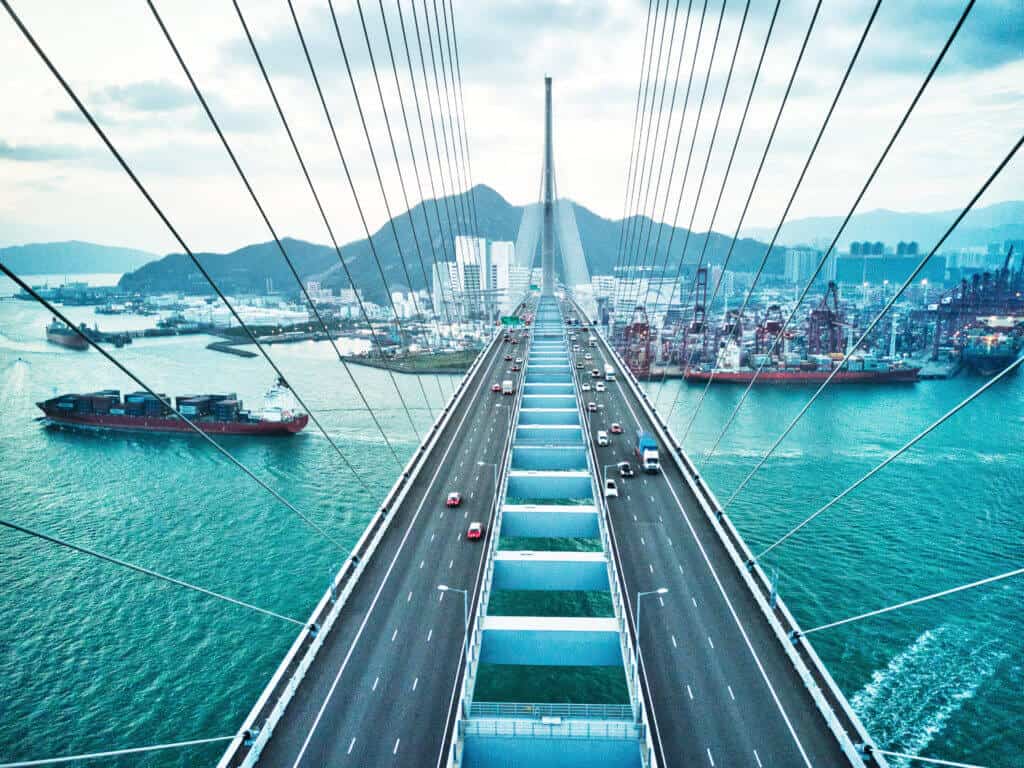 Bridge in Hong Kong and Container Cargo freight ship Sales Order Collaboration