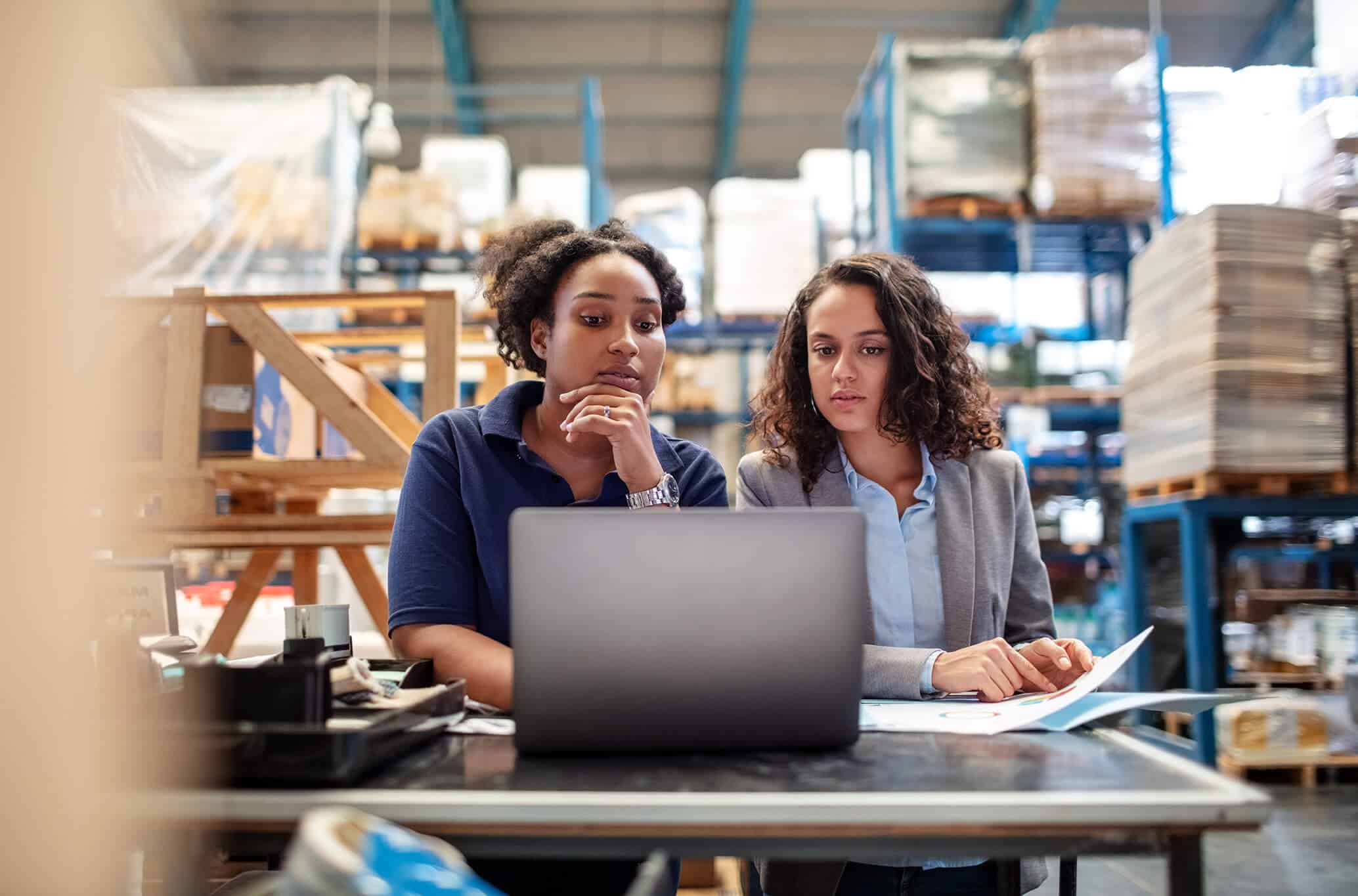 Female worker with supervisor working on laptop