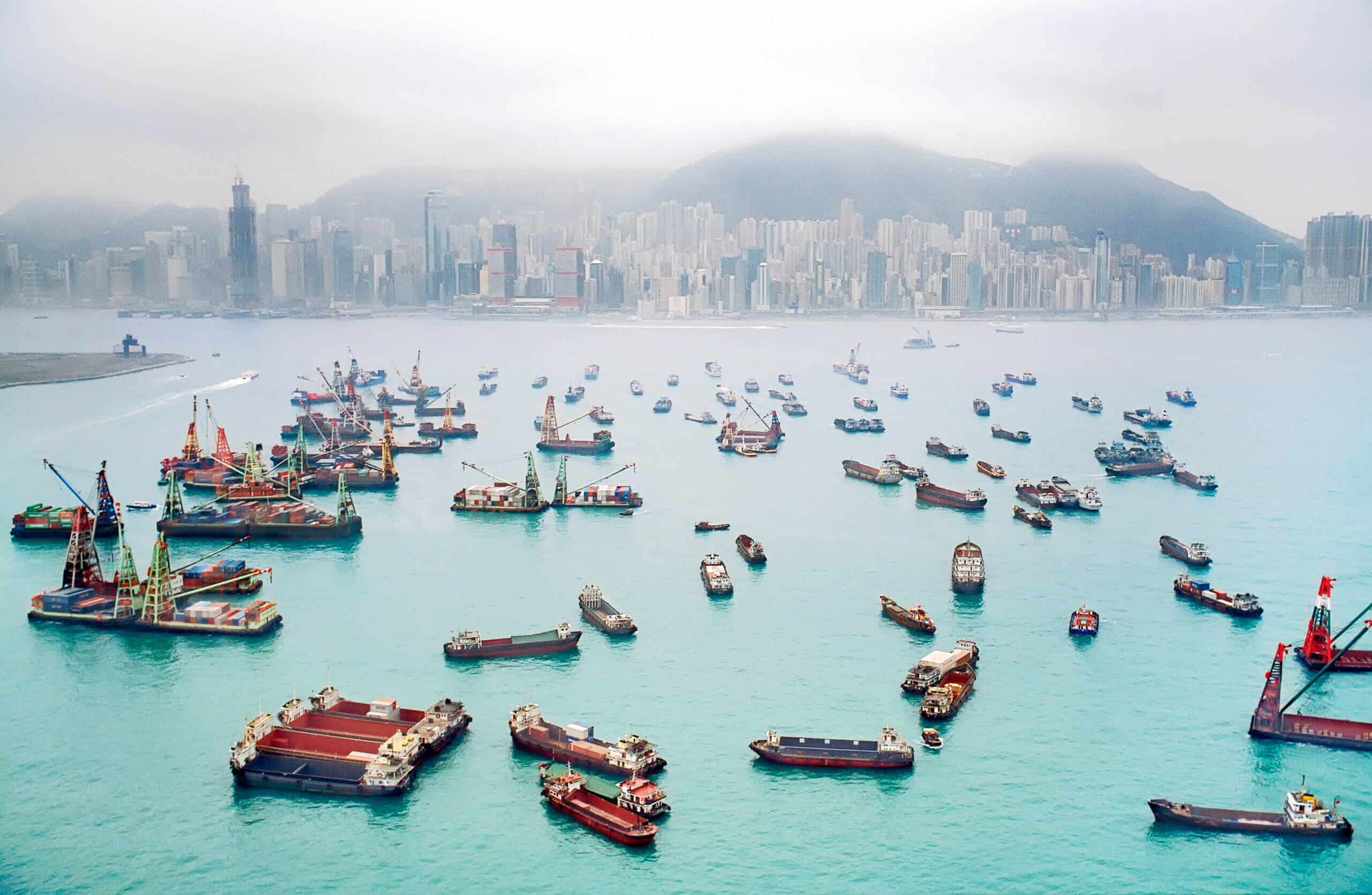 A view of Hong Kong Harbor through a cloudy haze