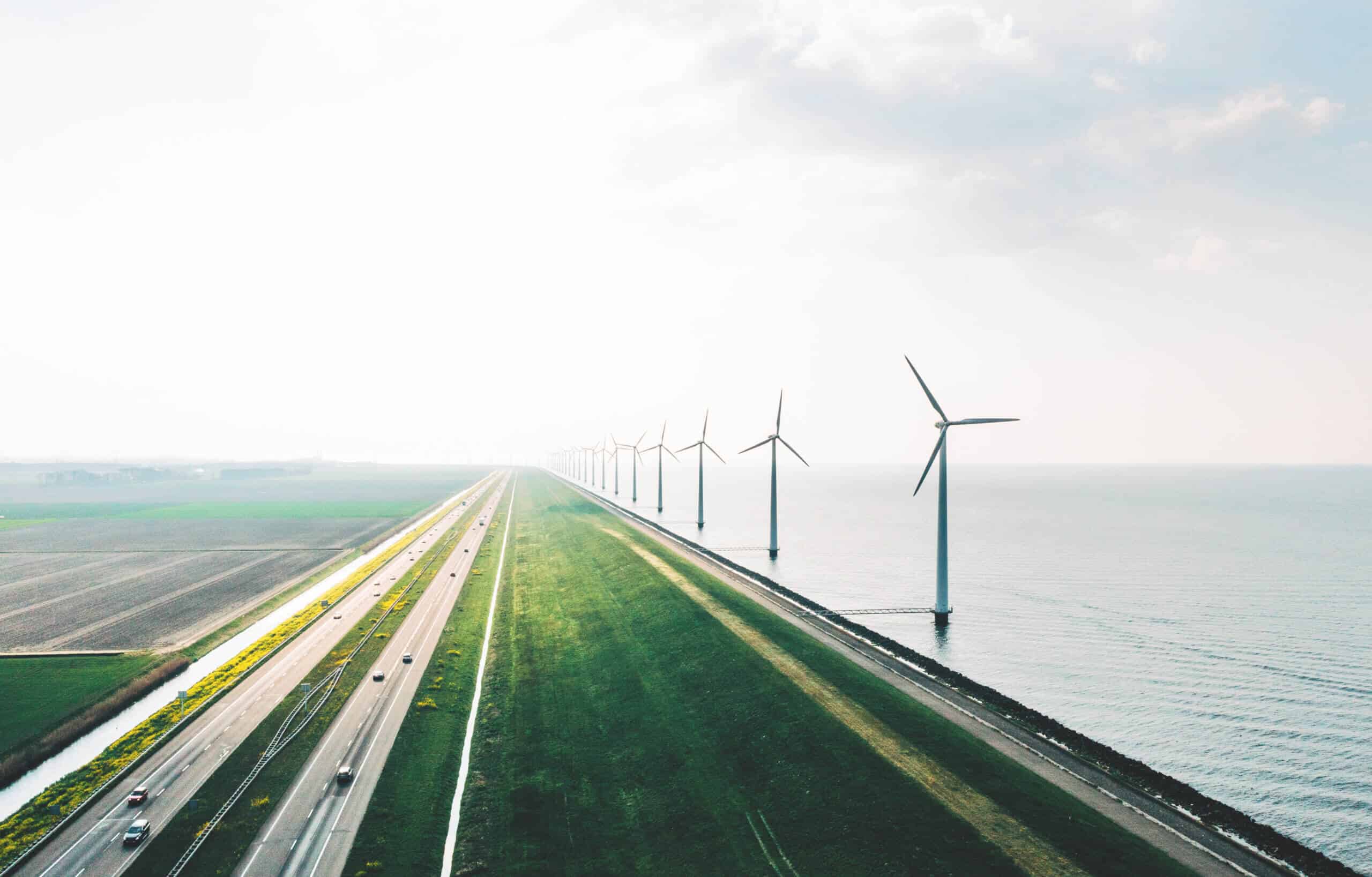 An aerial view of wind turbines, Holland - stock photo