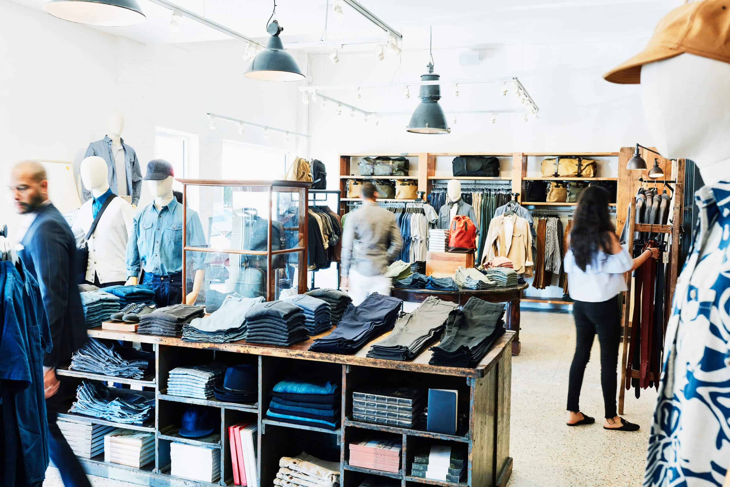 Shoppers looking at items in mens clothing boutique