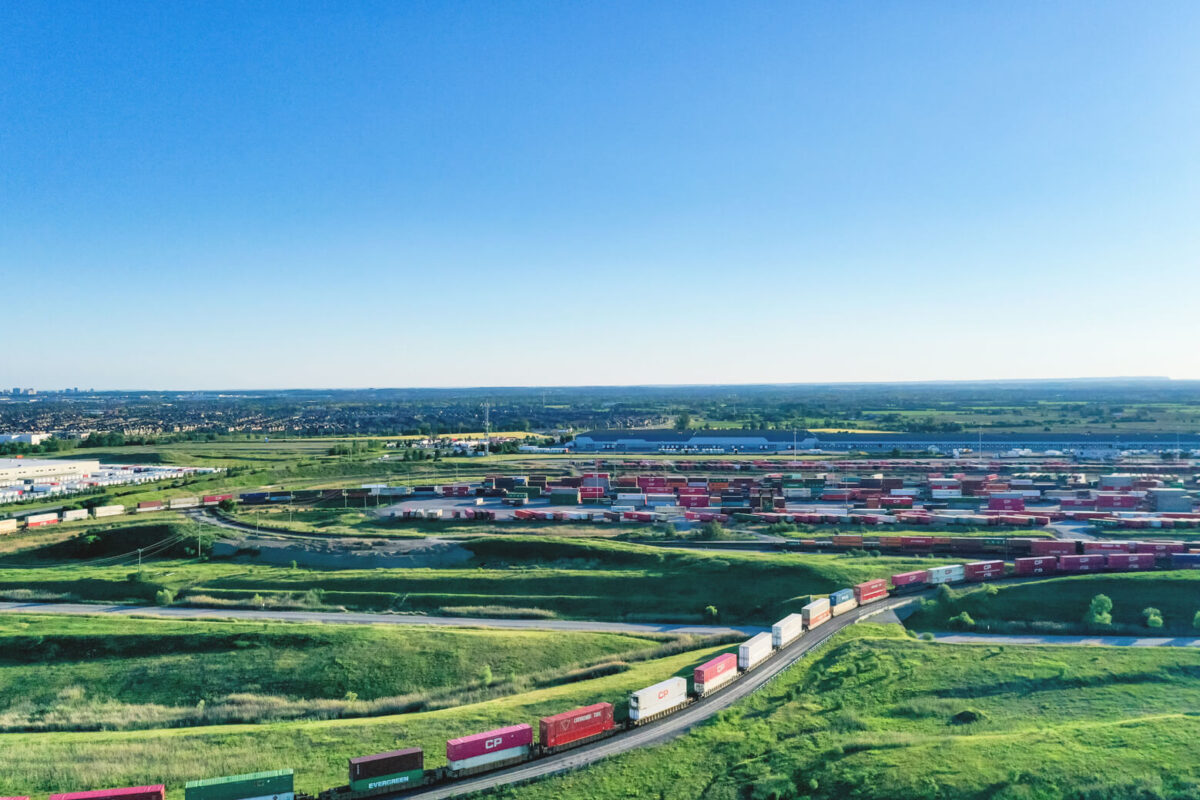 Canadian Pacific Railway Vaughan Intermodal Terminal in Kleinburg at dusk, Ontario, Canada.