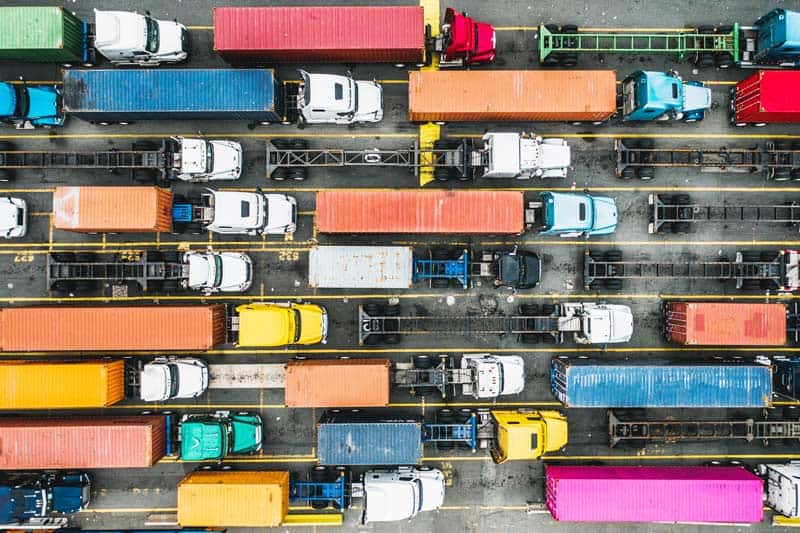 Aerial shot above a variety of freight trucks, New Jersey, United States of America