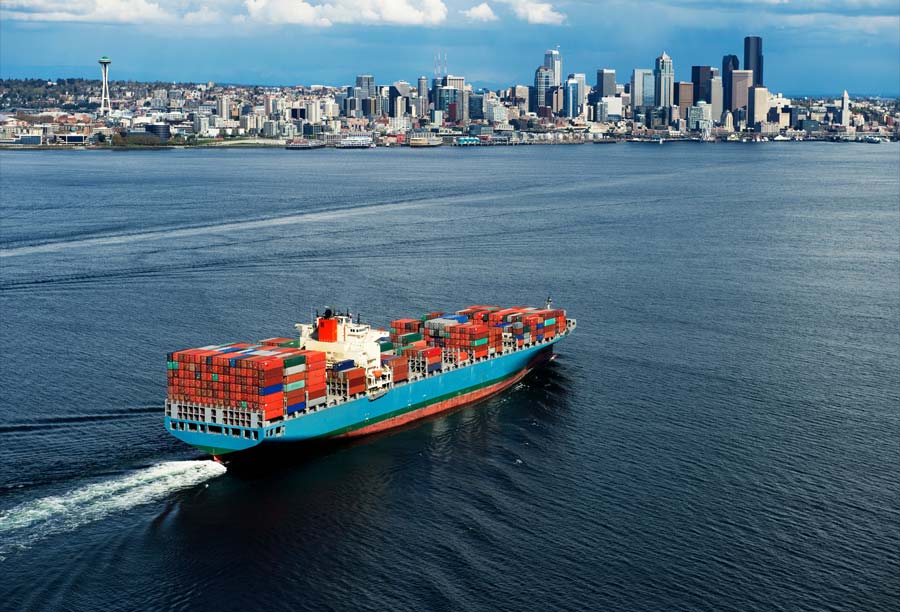 Aerial view of container ship, Seattle, Washington State, USA