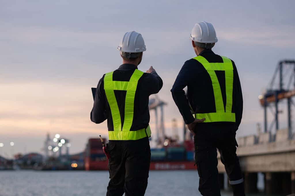 Industrial,engineer,workers,operations,marine,port,cranes,loading,and,unloading